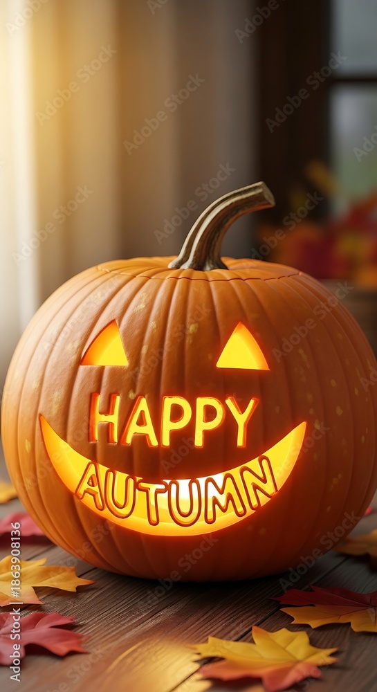 Fototapeta premium Lit pumpkin decoration with happy autumn text on wooden table background