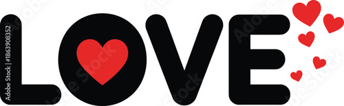 LOVE word typography with red heart icons, modern romantic design symbolizing affection and romance isolated on white background