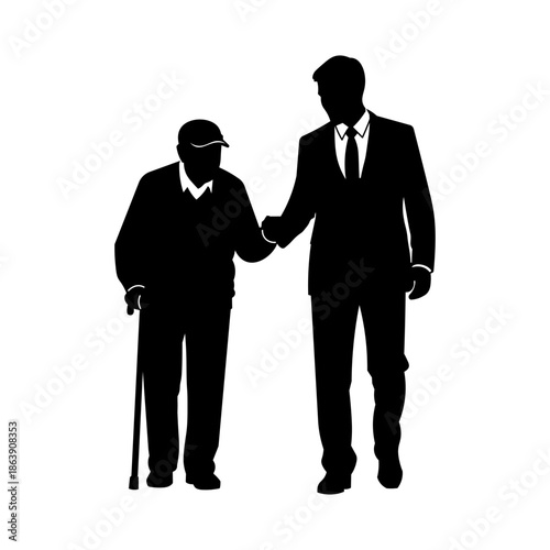Businessman Helping Elderly Walk Silhouette Vector.