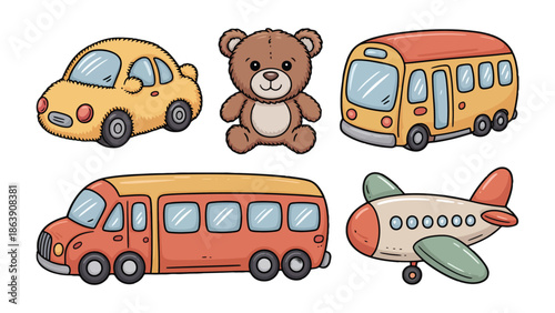Whimsical Toy Set: A delightful collection of colorful toys, including a cuddly bear, miniature car, and a friendly bus, evokes the simple joys of childhood.