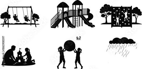 Children playground activity silhouettes, kids playing outdoor games, park equipment scenes, black vector illustration set for childhood recreation design
