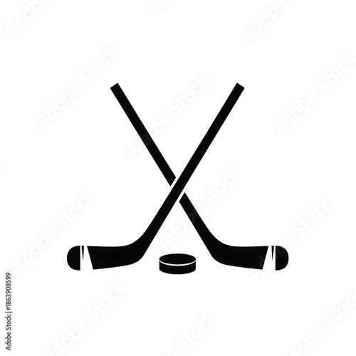 A simple black and white illustration depicts two crossed hockey sticks and a puck representing winter sports and athletic equipment