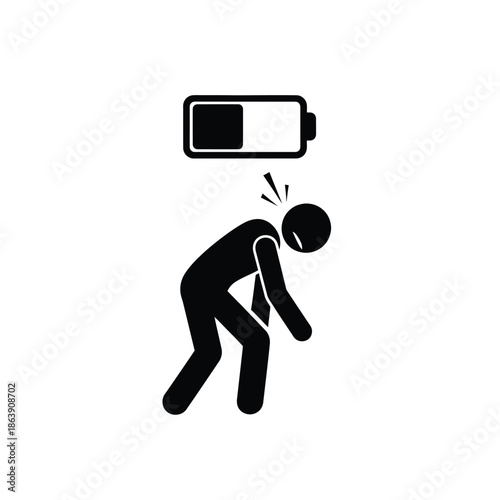 A minimalistic illustration depicts a stick figure collapsing seemingly drained by a low battery symbol above them high quality