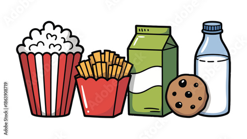 Snacks Collection Illustration: A vibrant illustration showcasing a delightful assortment of snacks, including popcorn, fries, a carton of milk, a cookie, and a bottle of milk. A feast for the senses.