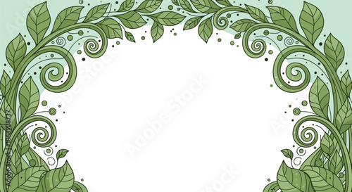 Elegant arch frame decorated with lush green leaves and swirling vines on a soft light green background for invitations.