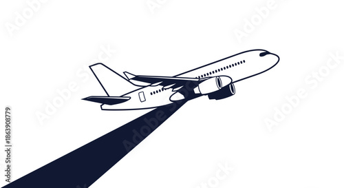 Simplified illustration of a commercial airplane taking off into the sky with a long dark shadow cast on the ground below.