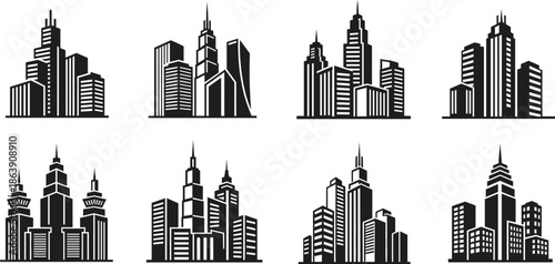 City skyline silhouettes vector set with modern skyscraper buildings isolated on white for urban design