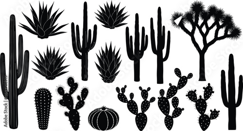 Desert plant silhouette vector illustration, cactus icon set, black botanical graphic, arid flora design, nature concept, succulent shapes, eco style