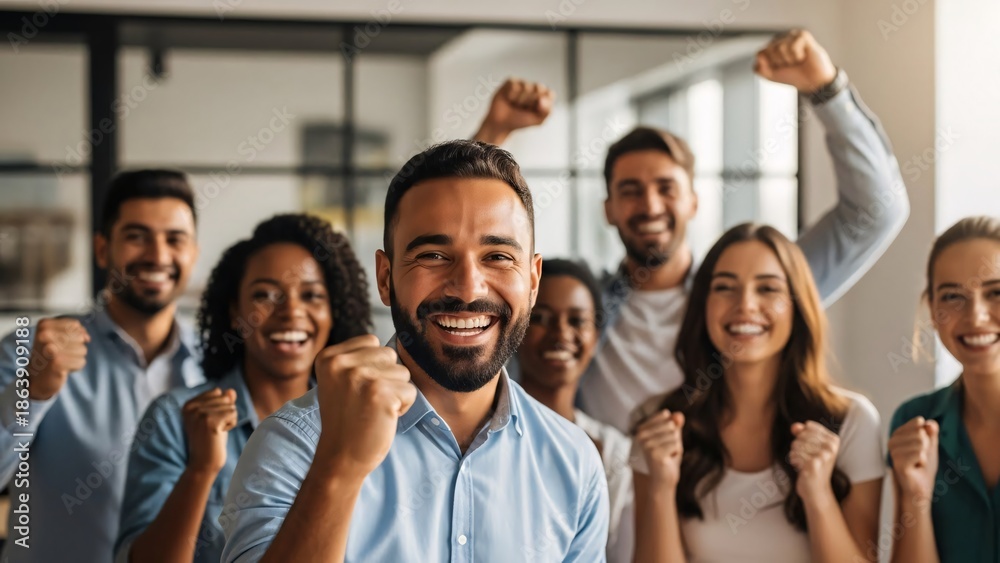 Fototapeta premium Diverse group of smiling happy professionals celebrating success in modern office environment with enthusiastic gestures and positive energy