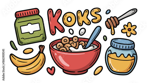 Breakfast Essentials Illustration: A delightful illustration showcases a healthy breakfast spread, featuring a bowl of cereal, fresh fruit, and sweet honey for a nutritious start.