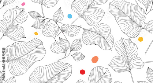 Contemporary seamless pattern of large black line art leaves accented with playful colorful dots on a white background.
