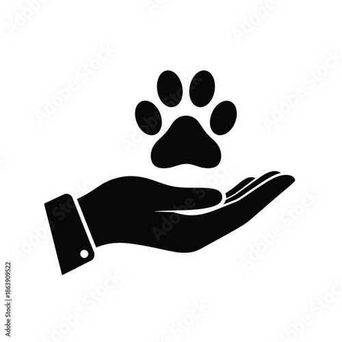 A black and white illustration depicts a human hand gently holding a paw print symbolizing care and protection