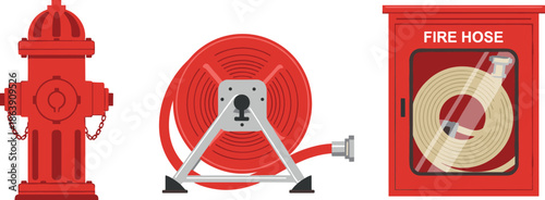 Red Fire Hydrant Water Pump with Industrial Fire Hose Reel and Emergency Cabinet for Safety Protection and Firefighting Equipment Set