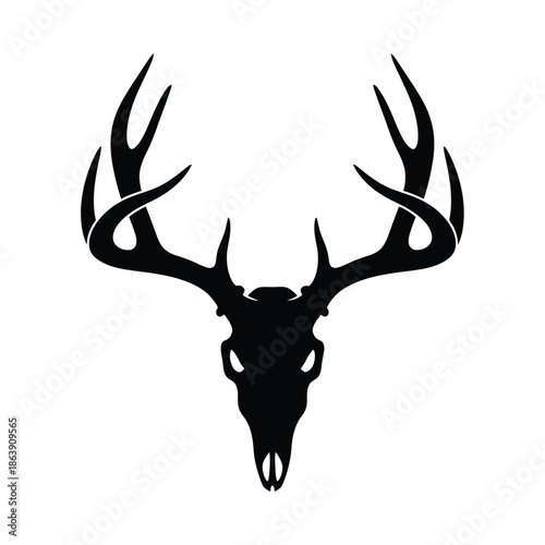 A striking black silhouette showcases the detailed skull and impressive antlers of a majestic deer symbolizing wild nature