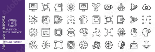 Artificial Intelligence Line Icons Set for Technology and Digital Systems