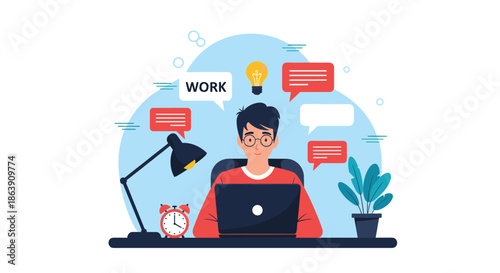 Illustration of a man working on a laptop with various productivity icons like a lightbulb, clock, and speech bubbles.