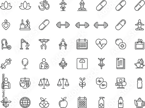 Healthcare and wellness line icons vector set with medical fitness yoga pharmacy and healthy lifestyle symbols