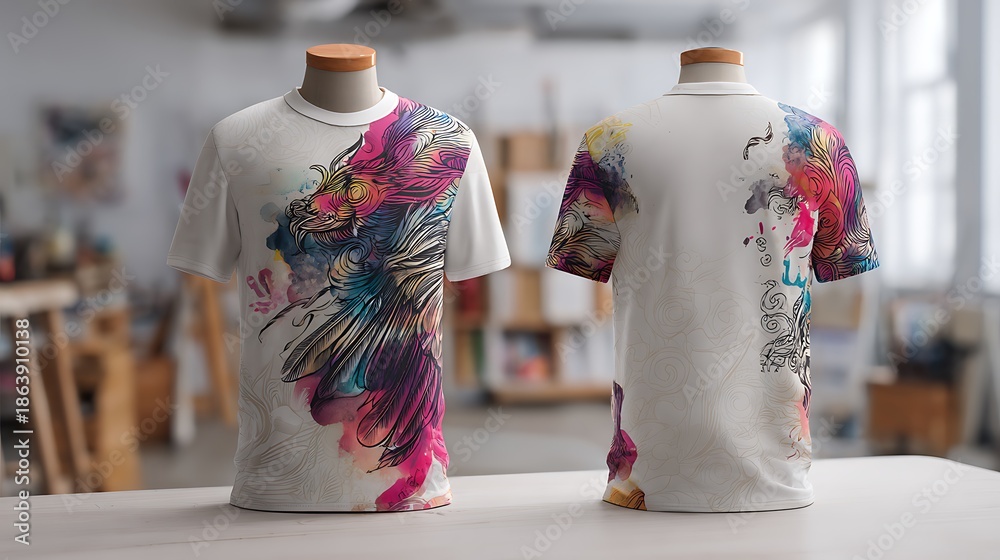 Obraz premium Showcasing unique front and back view t-shirt mockup with artistic design studio setting digital art concept for effective marketing.