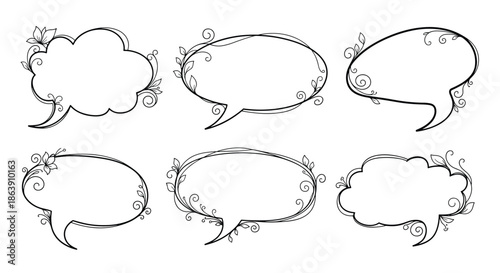 Set of elegant hand drawn speech bubbles decorated with delicate floral vines and leaves in a classic black ink style.