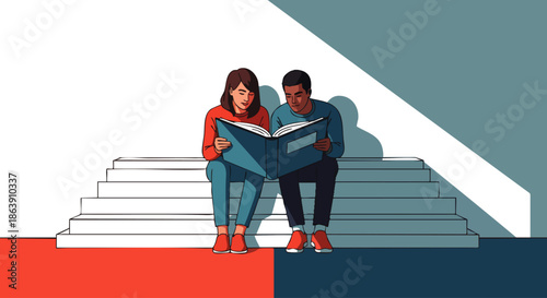 Two diverse individuals are collaboratively engaged in reading a shared book while seated on a set of stairs, symbolizing shared knowledge and learning.