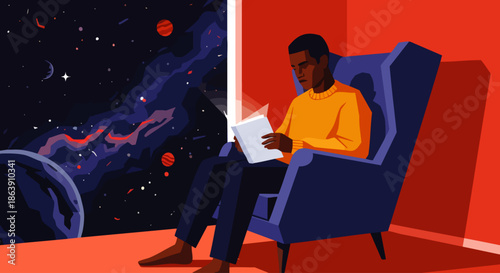 A thoughtful man reads a glowing book in a vibrant red room, with a stunning view of a distant galaxy and celestial bodies outside.