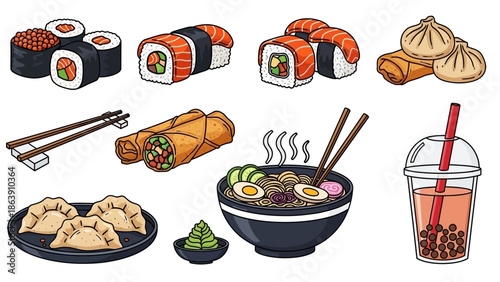Assorted Asian Street Food Delights Including Sushi, Ramen, Dumplings, and Tea.