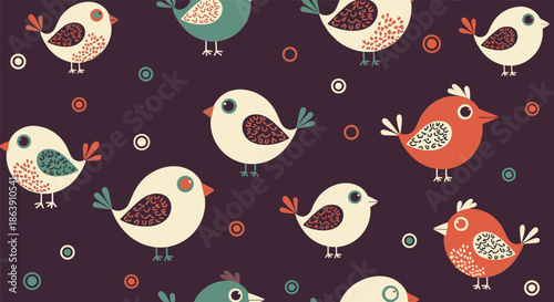Whimsical seamless pattern of cute stylized birds in different colors and patterns on a dark purple background.