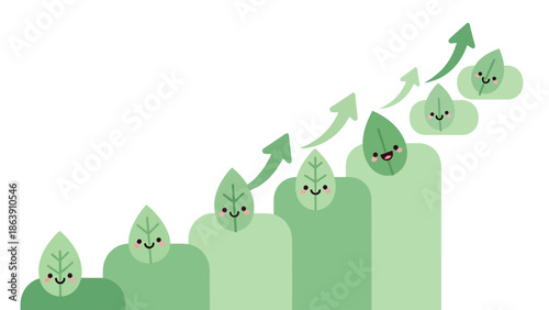 Green growth bar chart with smiling leaves showing upward progress and sustainability momentum across environment metrics.