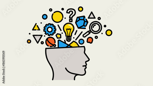 Creative illustration of a human head filled with colorful ideas, gears, and light bulbs.