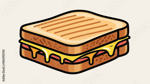 Cartoon sandwich with melted cheese and crispy bacon between toasted bread, looking warm and inviting.