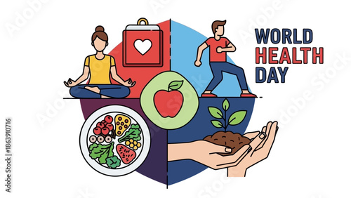 World Health Day celebration featuring fresh fruits, vegetables, and caring hands in a health awareness illustration.