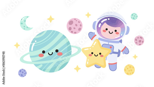 Playful Space Adventure Scene with Astronaut, Planets, and Stars for Kids.