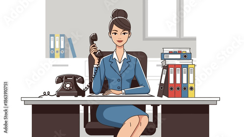 Professional female executive working at her desk in a busy office environment showing focus and leadership.