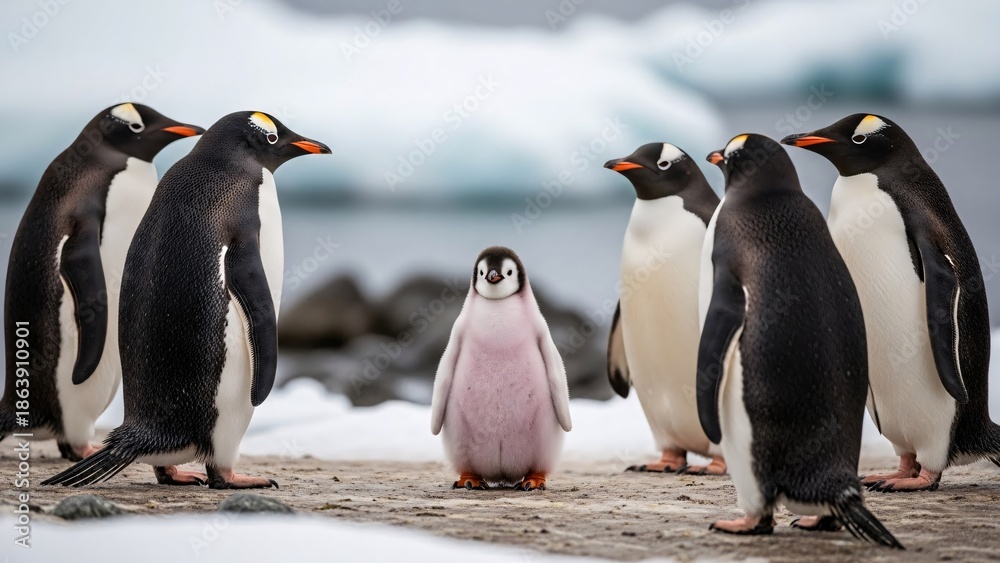 Obraz premium Group of penguins standing on icy shoreline with snow and rocky background in a natural Antarctic habitat for wildlife conservation and nature photography