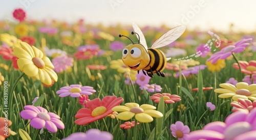 Happy cartoon bee flying over a vibrant spring flower field