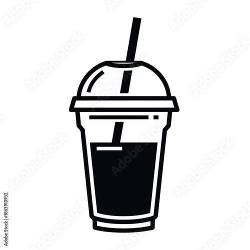 A simple black and white illustration depicts a plastic cup with a dark liquid and a black straw inside