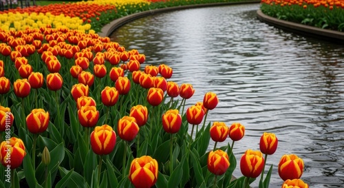Vibrant Red and Yellow Tulips Bloom Along a Tranquil Water Feature in a Spring Garden