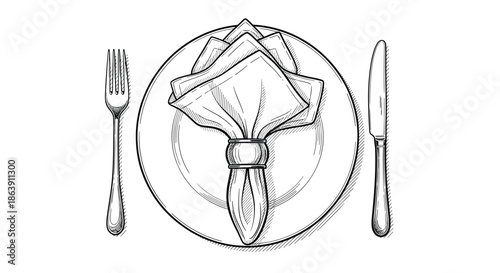 Elegant table setting illustration with a decorative folded napkin on a white plate accompanied by a silver fork and knife.
