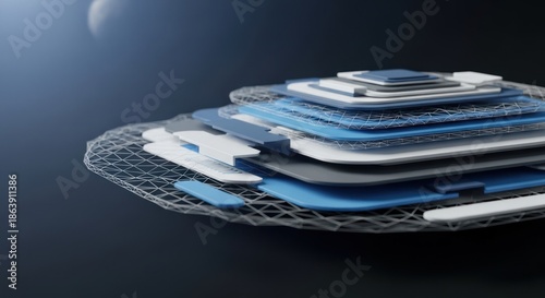 Abstract technological layers with wireframe structure on dark background