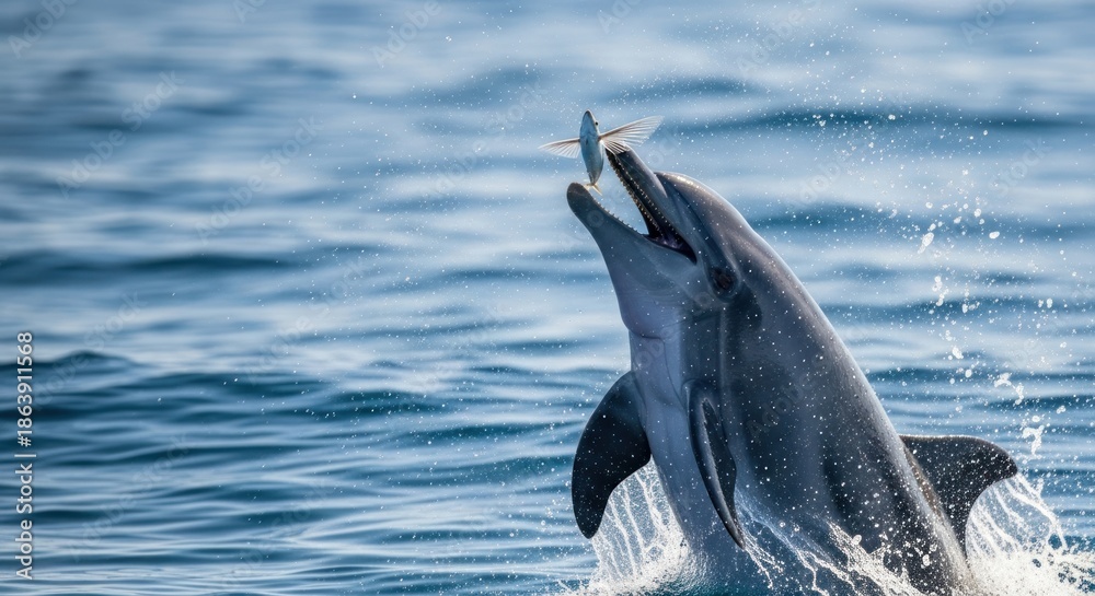 Fototapeta premium Dolphin leaping out of the water with a fish in its mouth.
