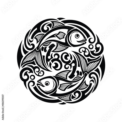 An intricately designed circular black and white illustration showcasing stylized fish within swirling tribal patterns representing aquatic life