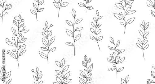 Seamless pattern featuring minimalist hand drawn branches with small leaves and berries in black ink on white.