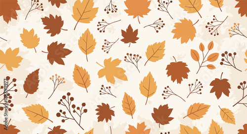 Autumn themed seamless pattern featuring various falling leaves and berries in warm orange and brown fall colors.