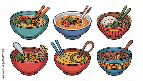 Assortment of Culinary Delights: A vibrant array of diverse, artistically presented soup bowls, each filled with a unique composition, offering a visual symphony of culinary artistry.