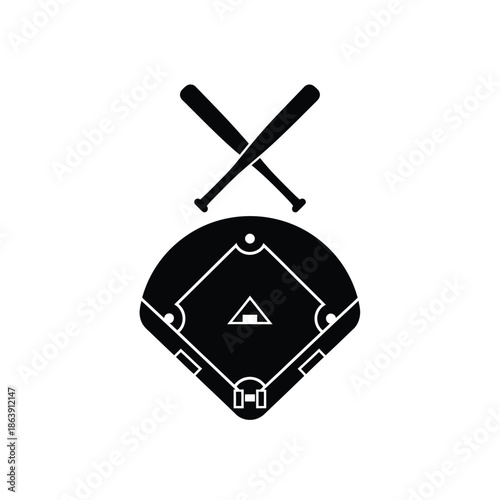 A simple black and white graphic illustration depicts two crossed baseball bats and a baseball diamond below them