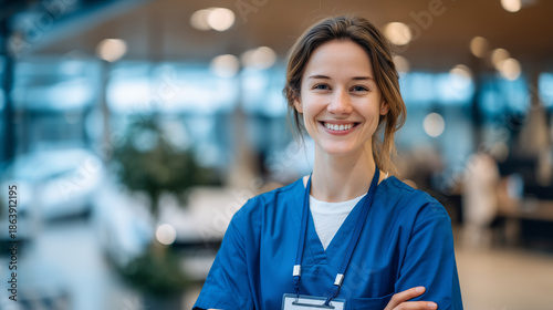 Confident healthcare worker smiling in a modern medical facility, relaxed posture, professional attire, soft daylight creating an uplifting and reassuring atmosphere