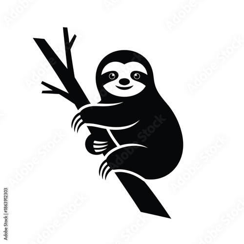 A simple black and white illustration depicts a happy sloth clinging to a tree branch showcasing a minimalist design style