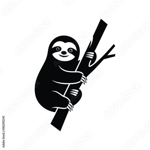 A charming black and white illustration depicts a happy sloth clinging to a tree branch showcasing its peaceful nature