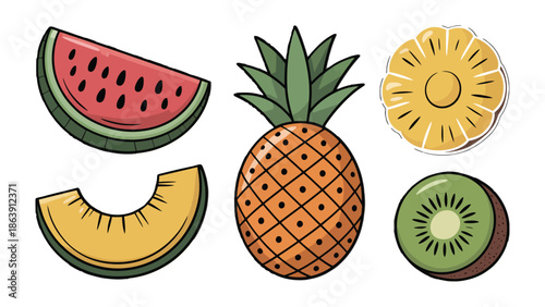 Vibrant Fruit Selection: A colorful collection of fresh, tropical fruits invites a taste of summer, with the sweet essence of pineapple, watermelon, melon and kiwi. 