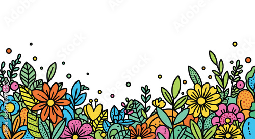 Colorful doodle style floral border at the bottom featuring various vibrant flowers and leaves for decoration.